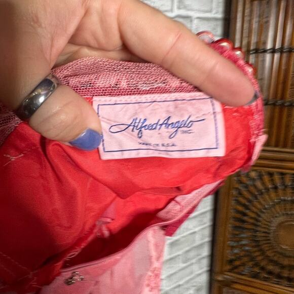 Vintage 70s Alfred Angelo Victorian illusion lace ruffle pink red wedding dress - Picture 12 of 16